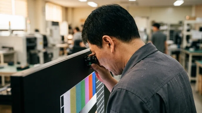 A Korean technician inspecting the surface precision of a large display.