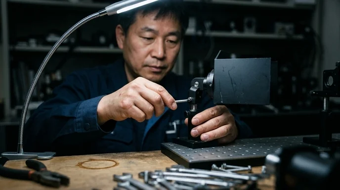 Two hands of a Korean technician adjusting a metal light baffle in a workshop, with background tools out of focus.