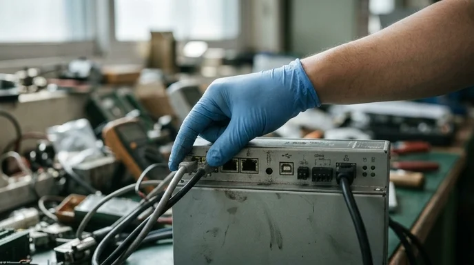 A Korean technician's hand inspecting a broken controller port on a scratched workbench.