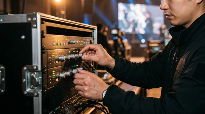 Hands skillfully operate the control buttons of a media server.
