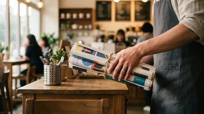 A Korean cafe worker's hand removing a stack of rolled printed posters next to a counter.