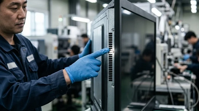 A Korean technician's gloved hand pointing at the side ventilation slots of a large display panel.