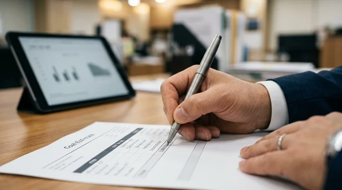 A Korean manager's hand drawing an underline on a printed estimate sheet with a pen.