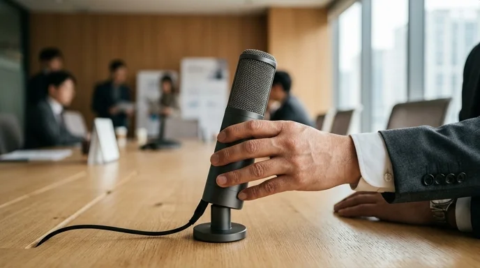 A Korean businessman's hand adjusting a cylindrical beamforming microphone on a conference table.