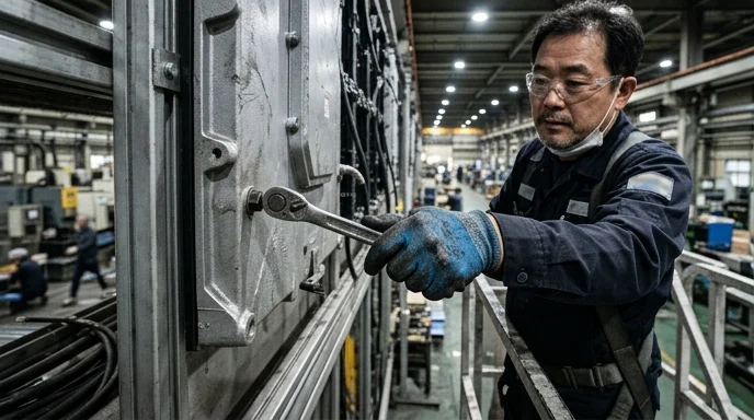A Korean technician's gloved hand tightening a bolt on an LED cabinet mounted to a wall frame.