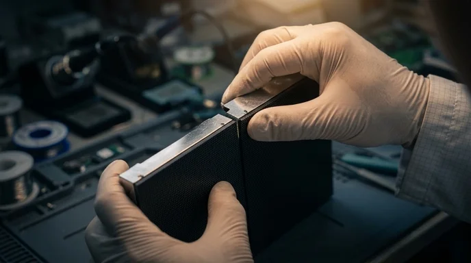 A technician's gloved hands precisely align the side edges of two LED display modules on a dark workbench.