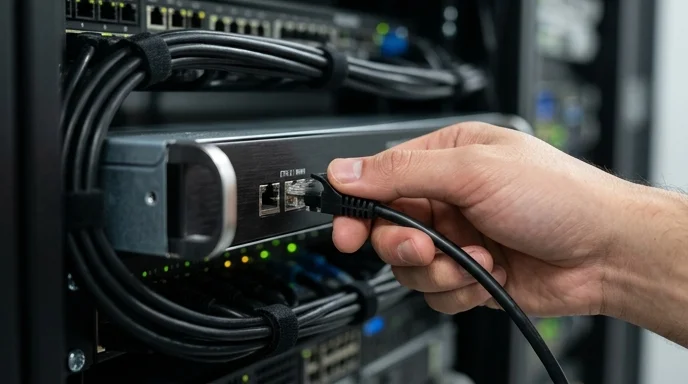 A Korean engineer's hand connecting a communication cable into a port on a media server rack.
