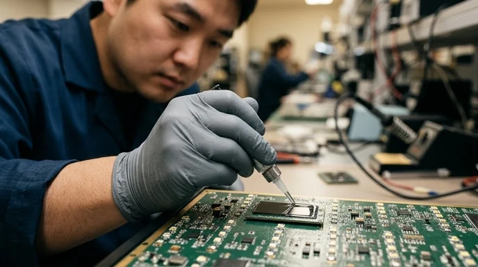 A Korean technician's gloved hand applying optical adhesive onto an LED module panel.
