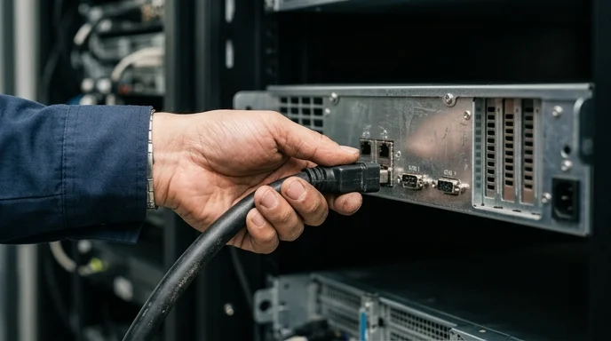 A Korean technician's hand plugging a cable into a controller.
