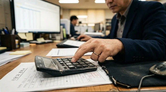 A Korean manager's hand using a calculator over a printed estimate document, with the office monitor out of focus.