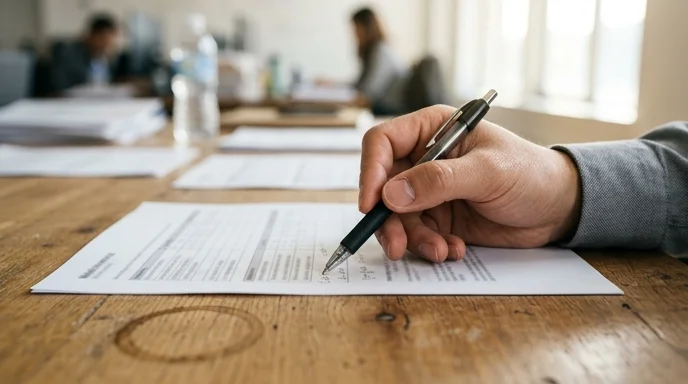A Korean worker's hand uses a ballpoint pen to point at a maintenance document on a wooden desk.