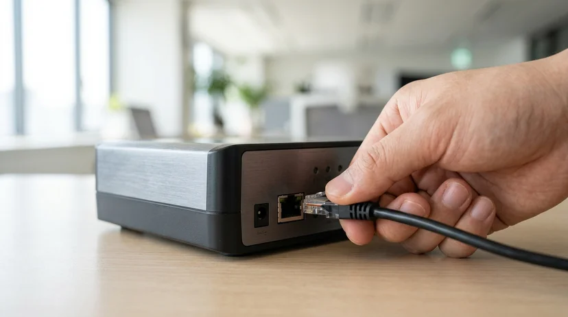 A Korean marketer's hand plugging a network cable into the back port of a controller.