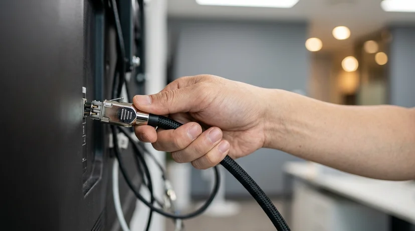 A technician's bare hand holding a thick hybrid optical cable behind a large display.