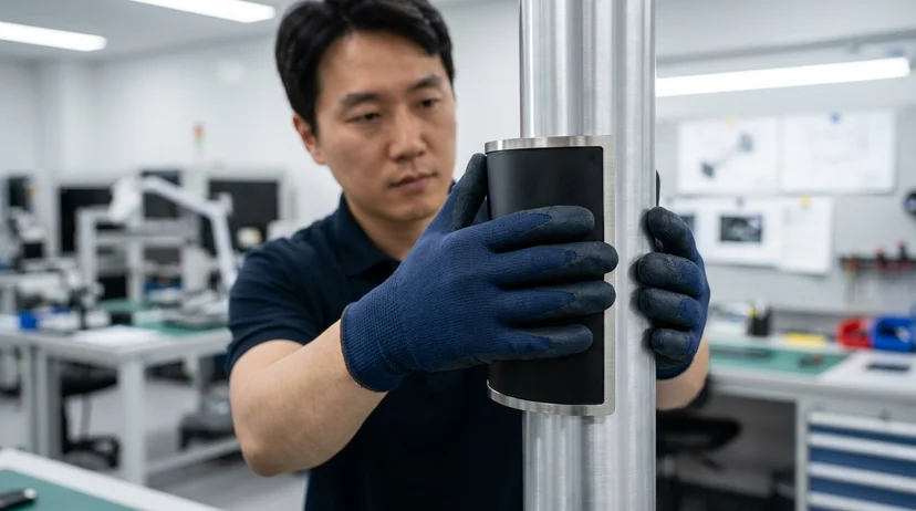 Gloved hands of a Korean technician press a curved LED module panel onto a cylindrical pillar in a bright workshop.