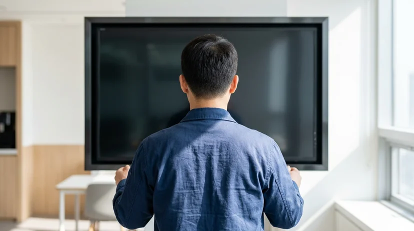 A Korean technician viewed from behind standing at a viewing distance in front of a large display mounted on a wall.