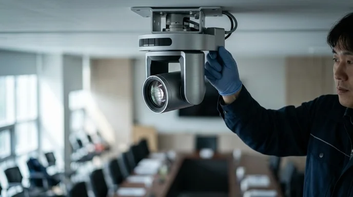 A Korean technician's gloved hand adjusting the angle of a ceiling-mounted PTZ camera.