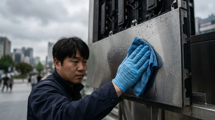 A gloved hand wiping water droplets off the surface of an LED cabinet.