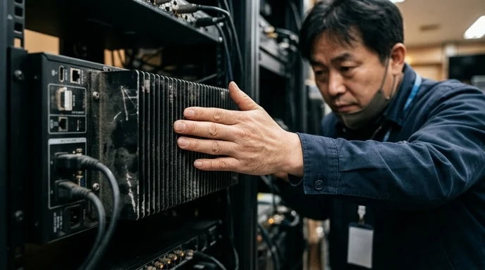 A person checking the temperature of the heat sink behind an AV processor.