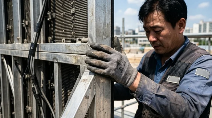 A technician's gloved hand touches a rugged aluminum LED cabinet frame outdoors.