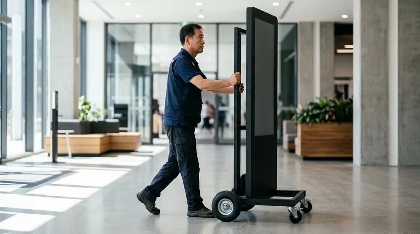 A Korean technician in profile pushing a wheeled digital signage alone in a lobby.