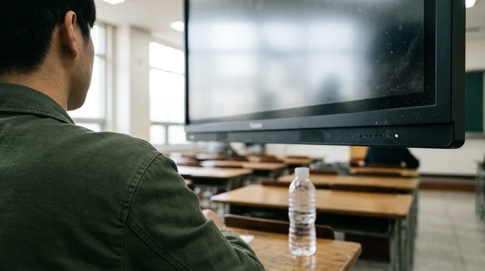 A Korean student's shoulder viewing a wall-mounted large display in a bright classroom.