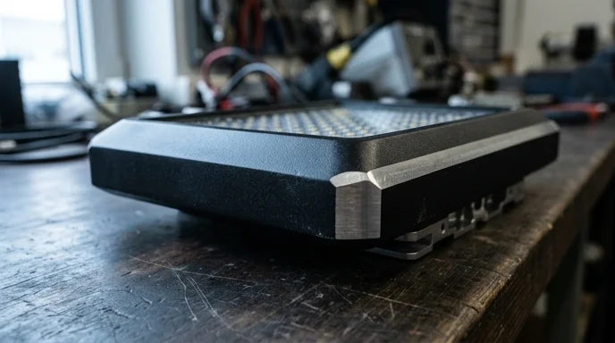 Side profile of a thick industrial LED module resting on a dark workbench.