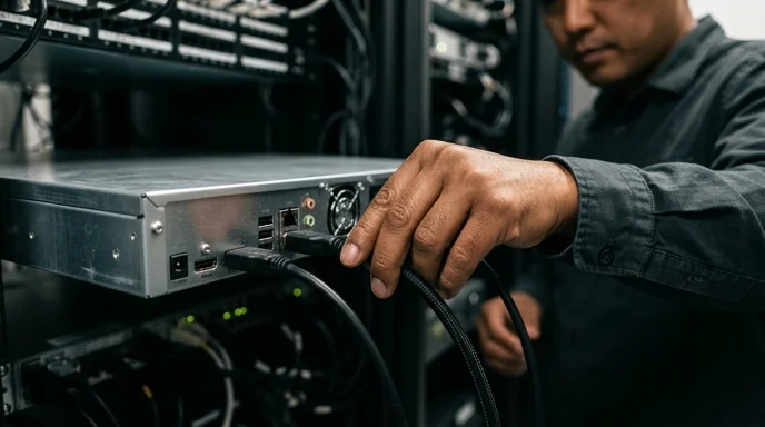 A Korean technician's hand inspecting the rear cable ports of a media server in a rack.