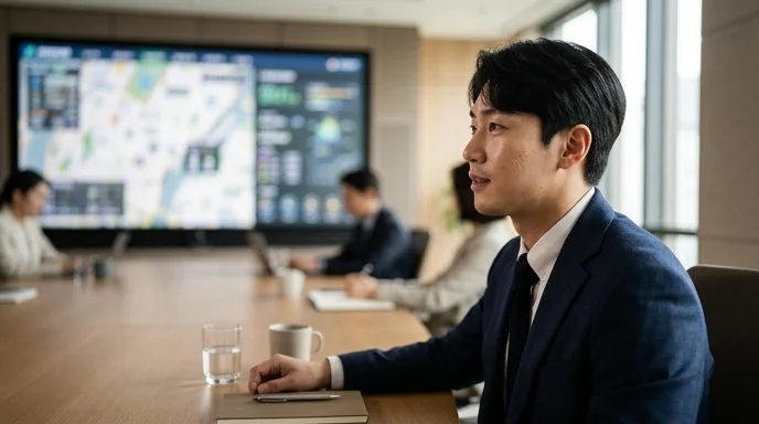 A Korean male planner looking at a large display in a modern boardroom from the side.