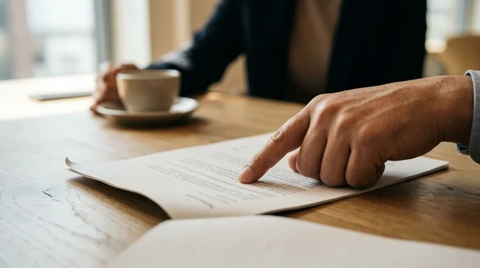 A consultant points at a slightly dog-eared quotation document on a wooden table.