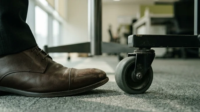 A Korean person's shoe near the urethane wheel of a mobile stand.
