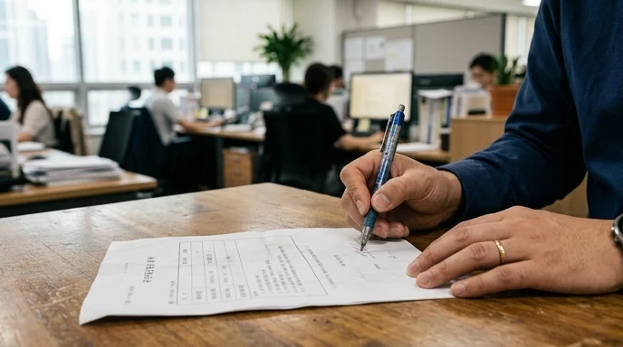 A Korean office worker's hand holding a scratched ballpoint pen ready to sign a wrinkled paper document.