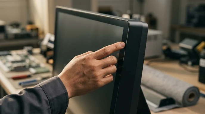 A Korean technician's hand touching the sleek edge of a screen frame under studio lighting.