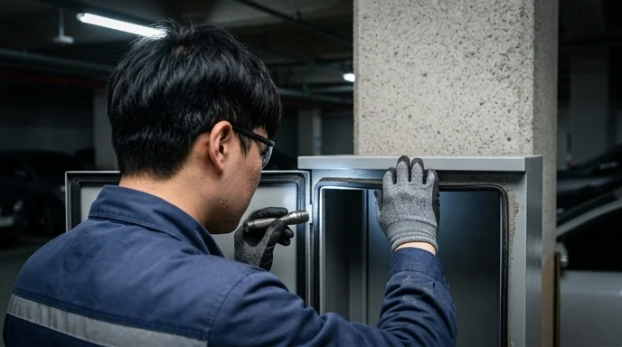 A technician inspecting the rubber sealing of an LED cabinet in a parking lot.