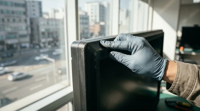 A Korean engineer's gloved hand wiping the worn frame of a screen in bright sunlight.