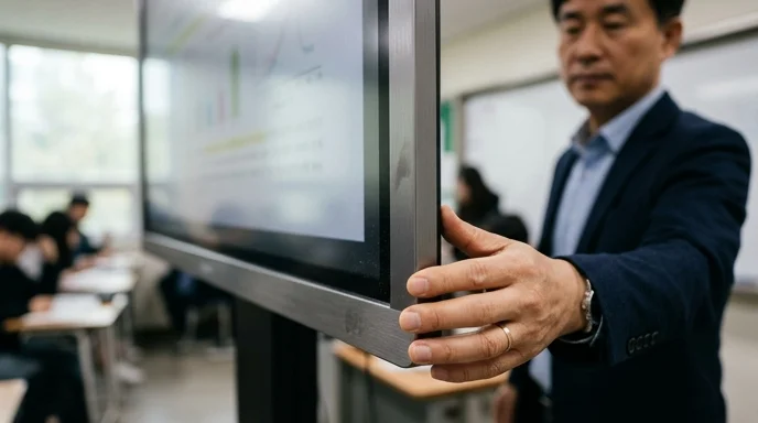 A Korean teacher's hand touches the aluminum corner frame of a large display in a classroom.