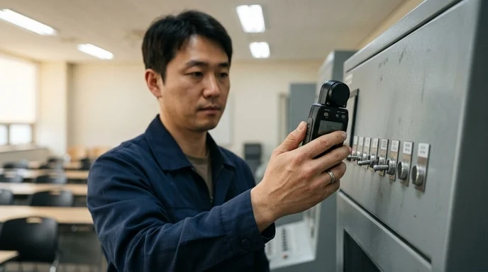 A Korean technician holding a light meter in front of an operation console in a classroom.