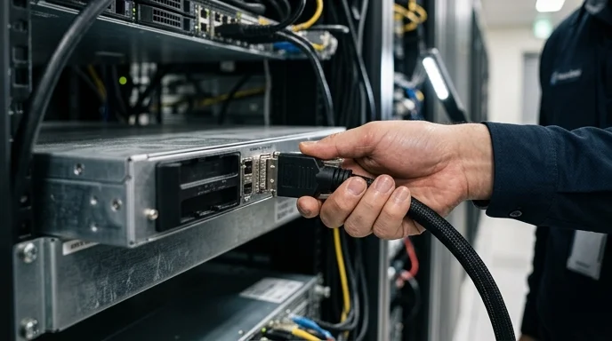 A Korean technician's hand connects a cable into the rear port of a video controller.