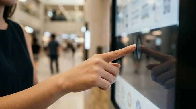 A Korean person's index finger tapping a digital signage screen.