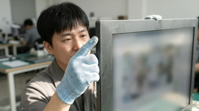 A Korean technician's gloved hand inspecting the metal screen frame of a display under bright midday sunlight.
