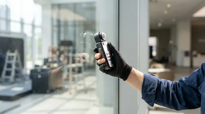 A technician's gloved hand holding a light meter against a sunlit window to check illumination levels for installation.