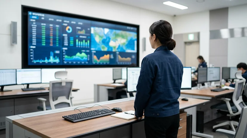 A Korean staff viewing a wall-mounted large screen in a control room from behind.
