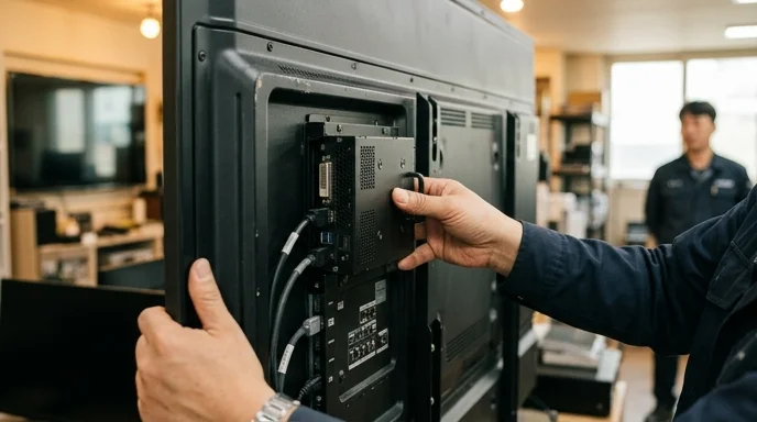 A Korean technician's hand replacing an OPS module at the back of a screen frame.