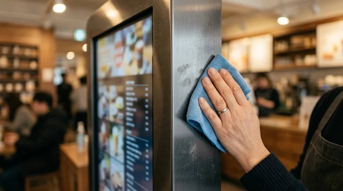 A worker's hand wiping the metal bezel of a vertical digital display inside a cafe.
