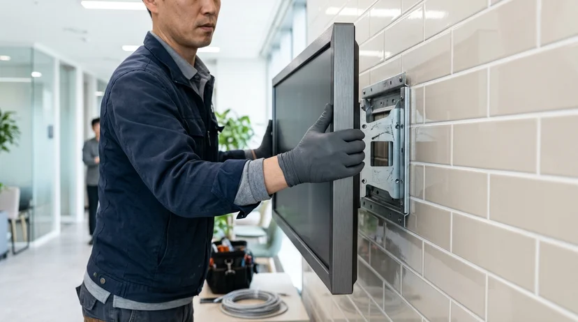 Gloved hands of a Korean technician securing a screen frame onto a specialized bracket on a tile wall.