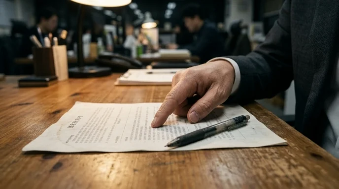 A manager's hand pointing at a printed warranty document on a desk next to a worn pen.