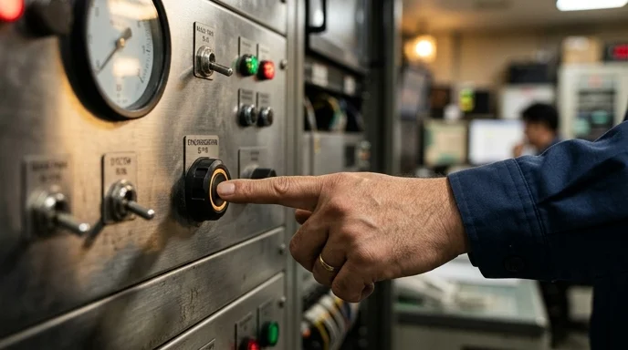 An engineer's hand pressing a synchronization switch on a control rack.