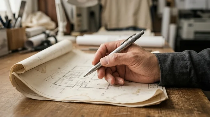 A Korean designer's hand holding a scuffed pen over a curled blueprint.