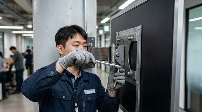 A Korean technician's gloved hands adjusting the tilt angle bracket of a large display panel near a pillar.