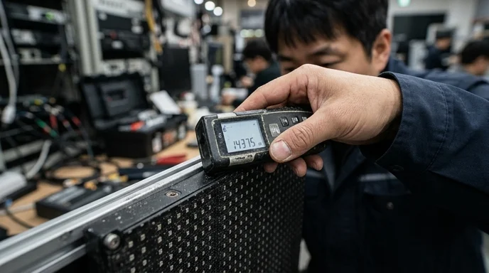 A person's hand holding a laser distance meter against an LED pixel module.