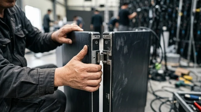 Hands aligning the side joints of a bezel-less LED panel.
